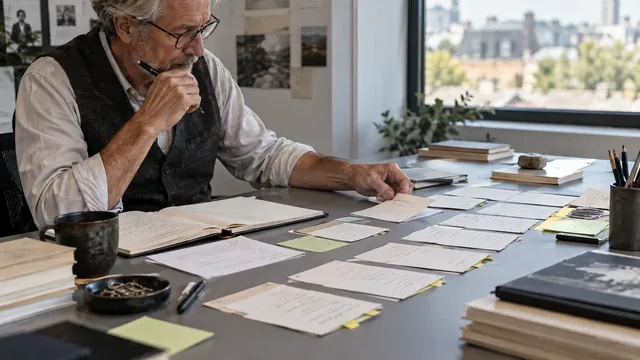 Auteur ordonnant des textes et des fiches pour un recueil de poésie