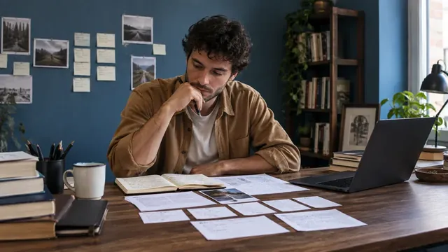 Auteur organisant des fiches de récit pour travailler le point de vue narratif