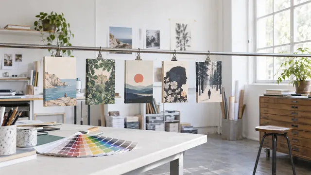Maquettes de couverture et nuancier dans un studio