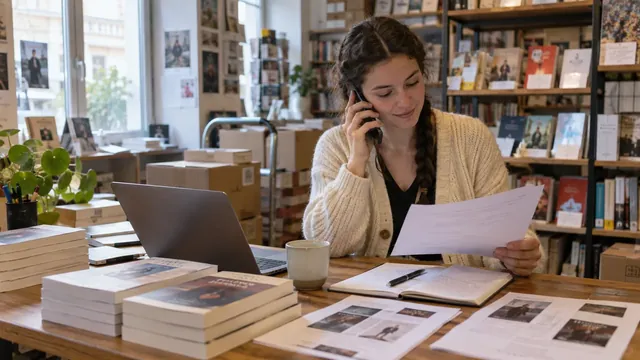 Autrice échangeant au téléphone avec des documents de présentation de livre