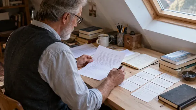 Auteur organisant les textes d’un recueil avec des fiches et un carnet