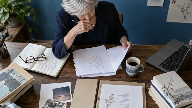 Autrice relisant des poèmes imprimés avec des carnets et des recueils