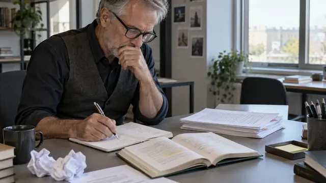 Auteur corrigeant un chapitre avec des brouillons et un carnet