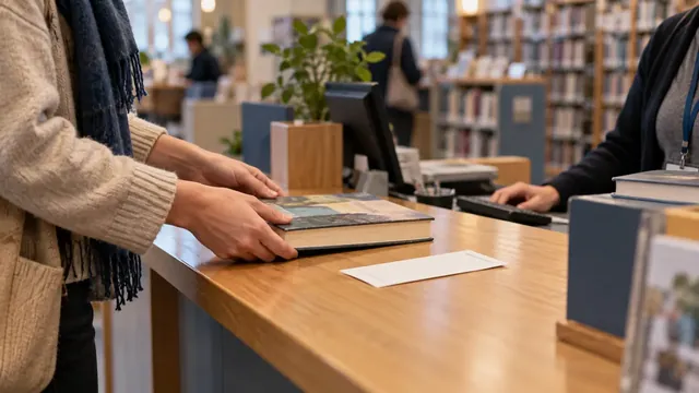 Lectrice déposant un livre au comptoir d’une bibliothèque près d’un bulletin de réservation