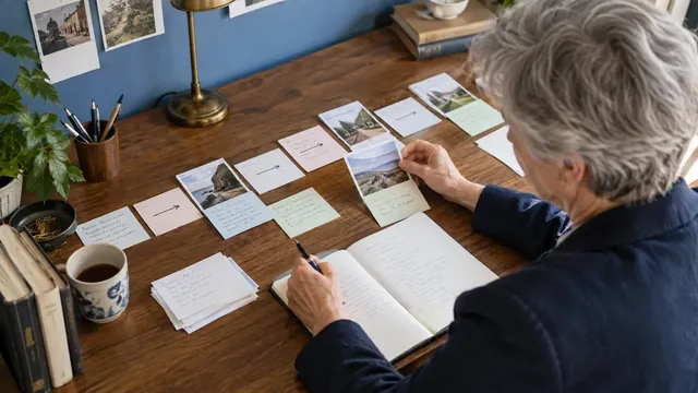 Autrice organisant des fiches pour relier les scènes d’un récit