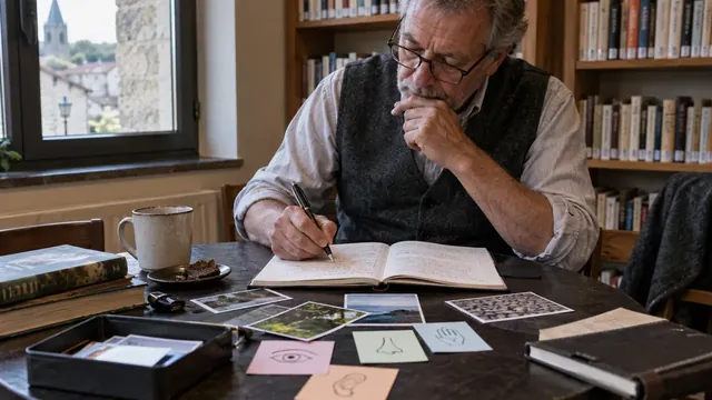 Auteur écrivant avec des photographies et des fiches de détails sensoriels