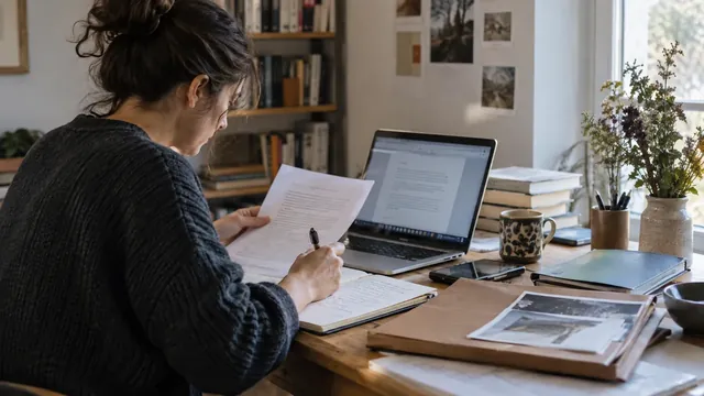 Autrice confrontant des pages de résumé à ses documents de travail