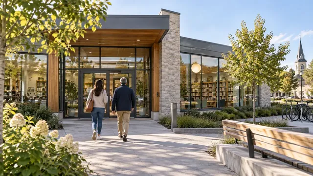 Deux visiteurs entrant dans une bibliothèque publique de proximité