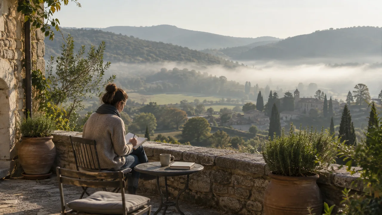 Auteur écrivant sur une terrasse face à un paysage de campagne