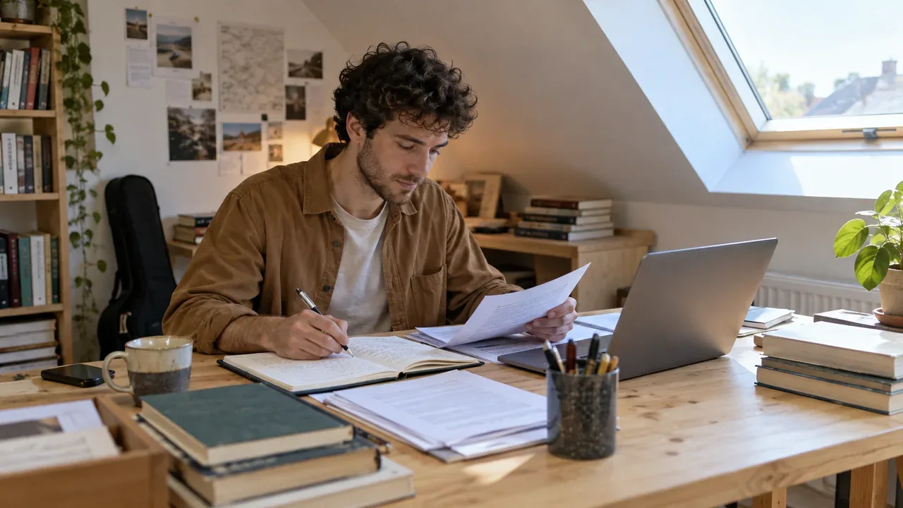 Auteur préparant son livre numérique avec un manuscrit, un carnet et un ordinateur