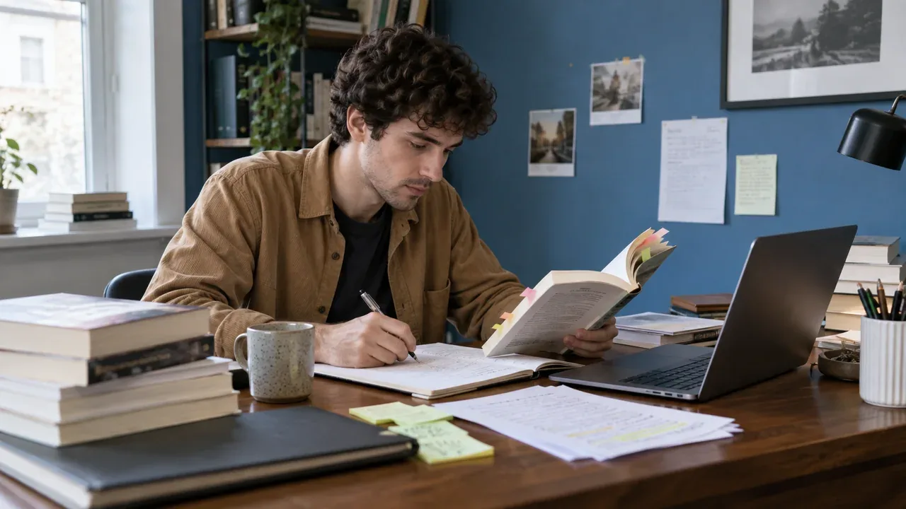 Auteur relisant un livre et rédigeant des notes de lecture