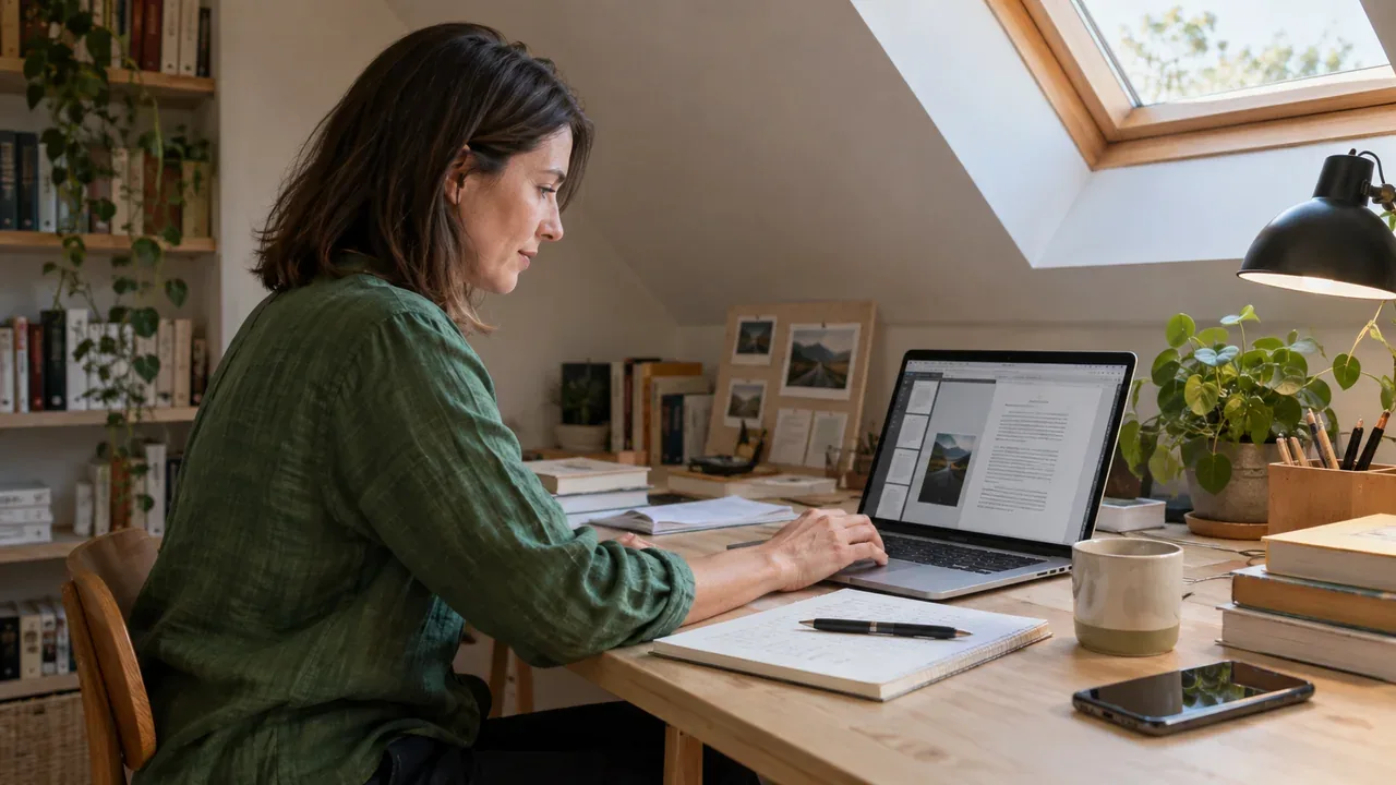 Autrice travaillant sur la mise en page d’un livre à l’écran de son ordinateur