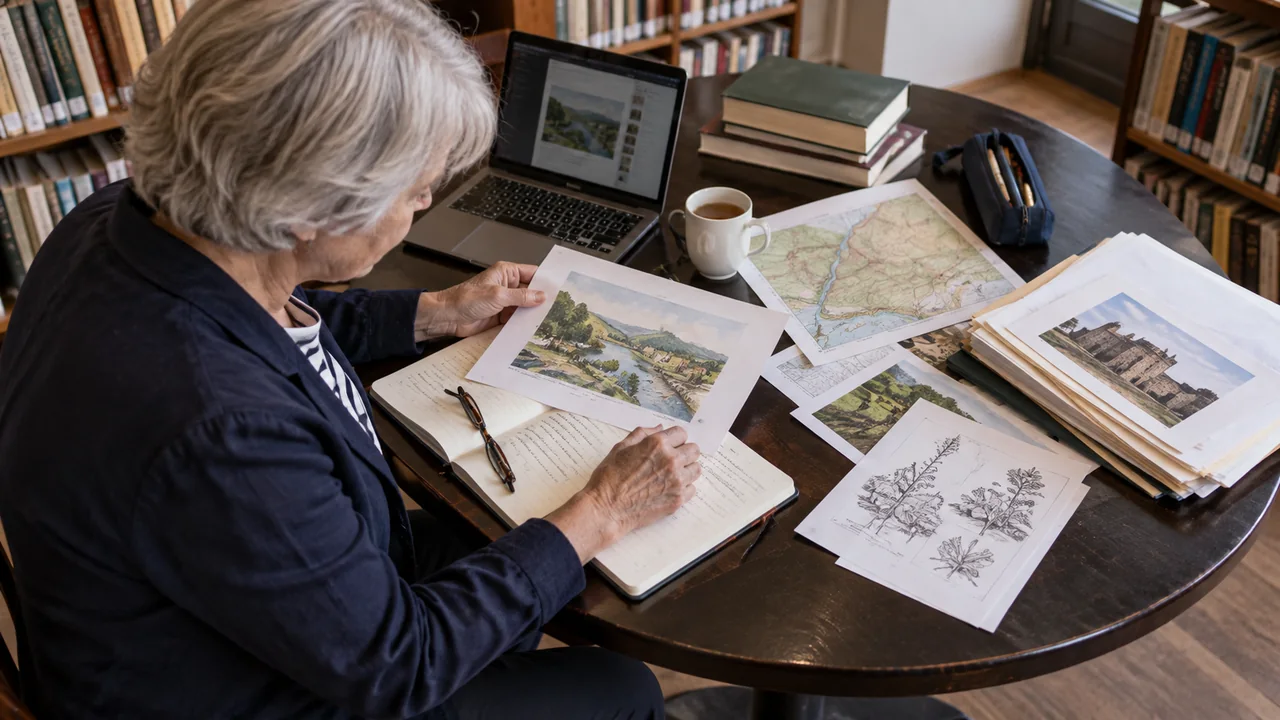 Autrice organisant des pages illustrées et des documents de recherche