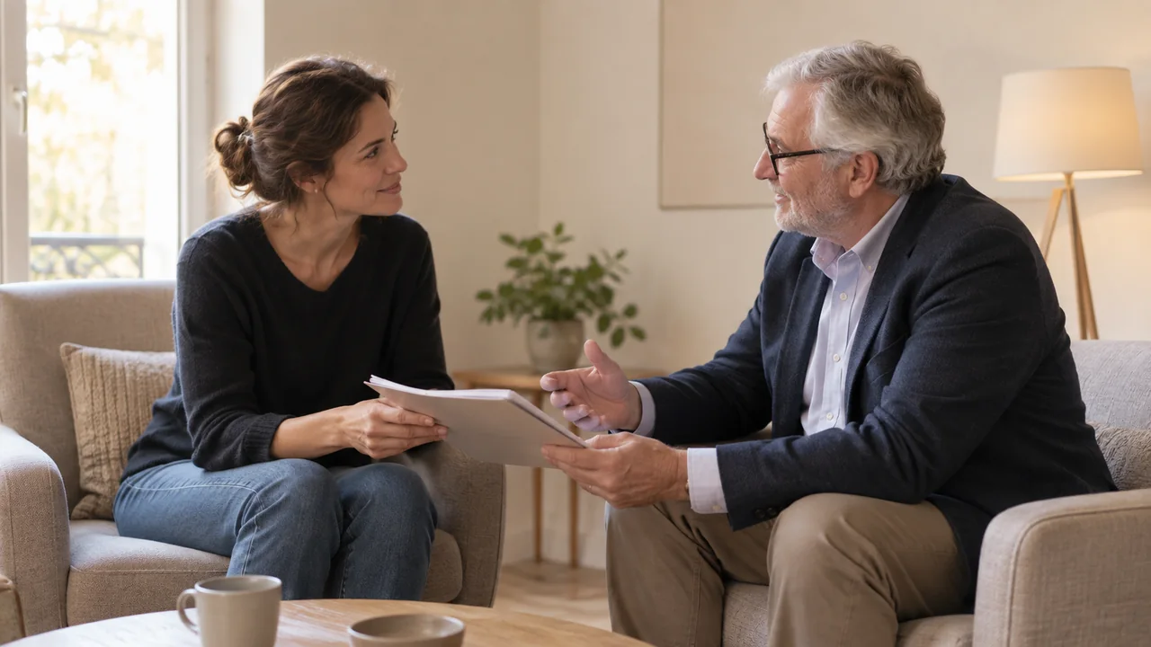 Autrice échangeant avec un conseiller autour d’un dossier