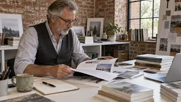 Auteur comparant des épreuves de livre avec des documents de publication