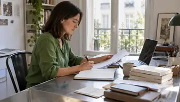 Autrice organisant des documents de publication et ses notes