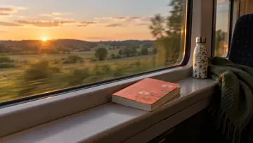 Roman à couverture florale près d’une fenêtre de train