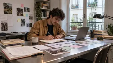 Auteur préparant des exercices d’écriture avec un carnet et des fiches