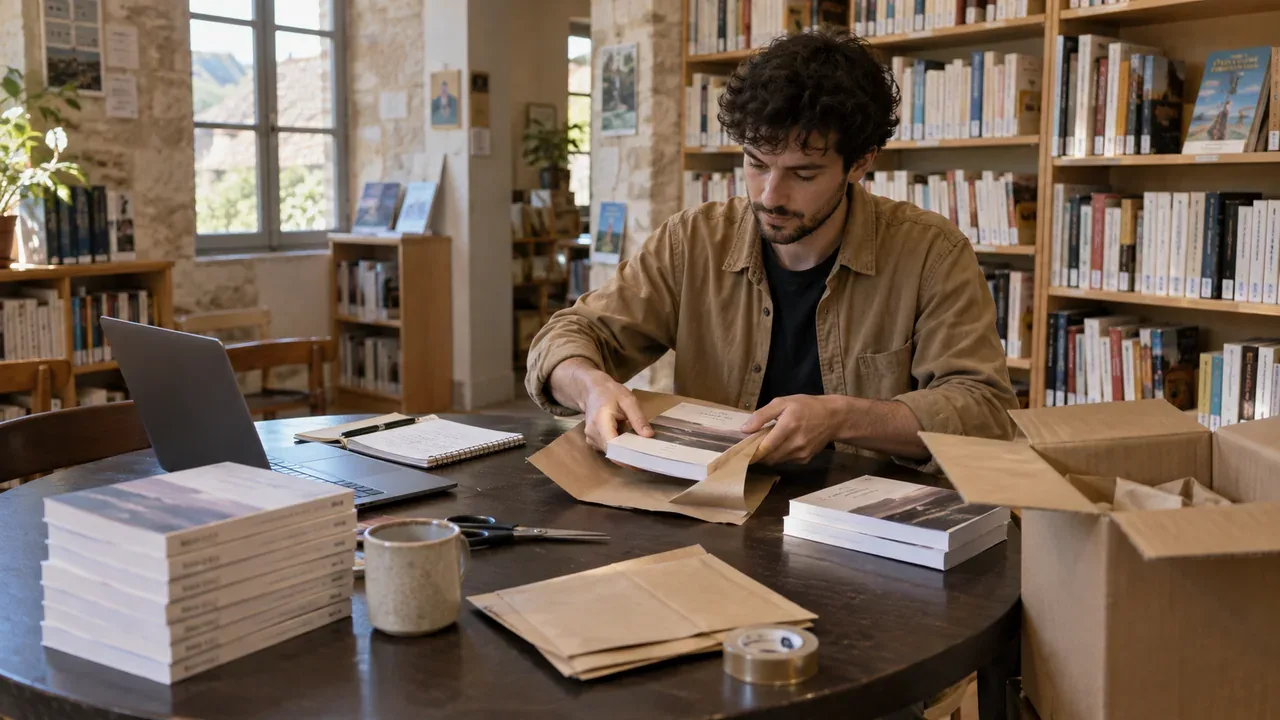 Professionnel préparant un livre avec des cartons d’expédition en librairie