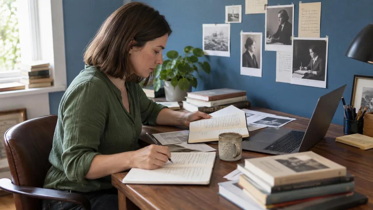 Autrice comparant des références biographiques et des documents de recherche