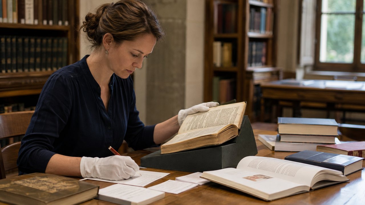 Chercheuse consultant un livre ancien et des ouvrages de référence en bibliothèque