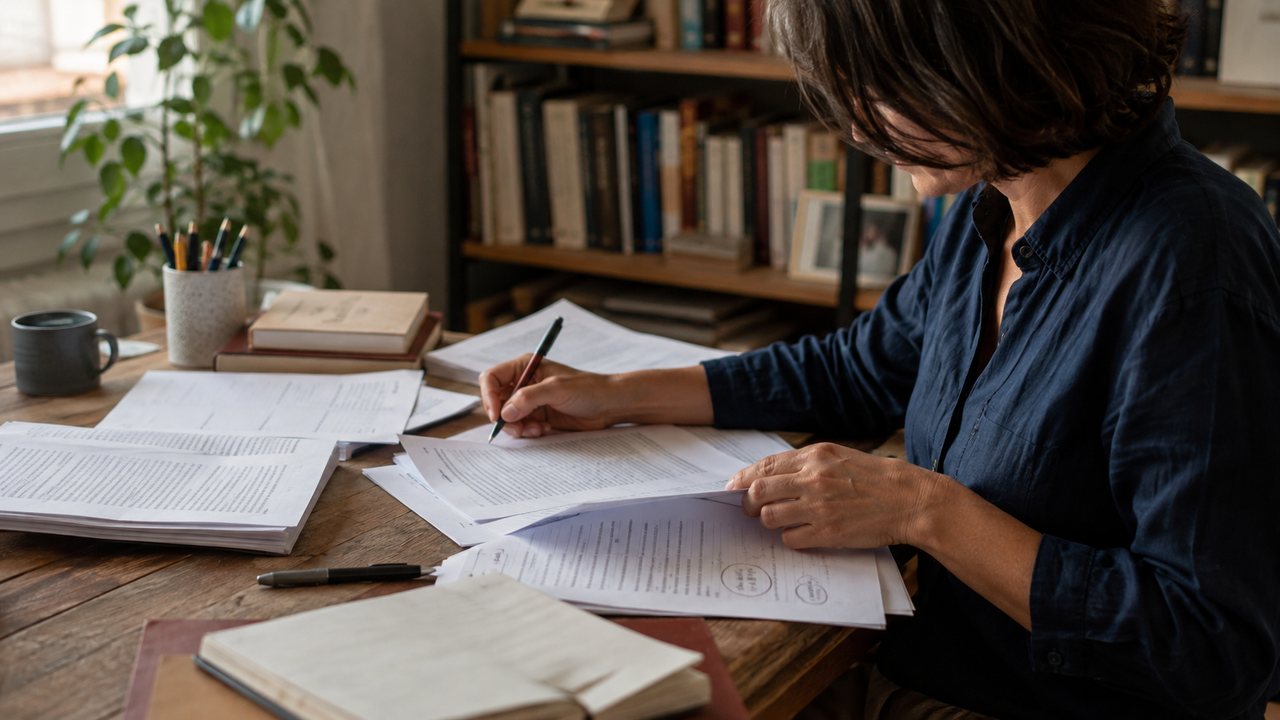 Autrice révisant les pages imprimées de son manuscrit
