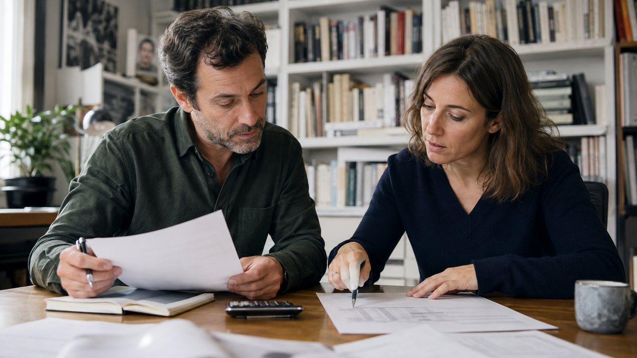 Auteur étudiant un contrat et un relevé de droits avec une conseillère