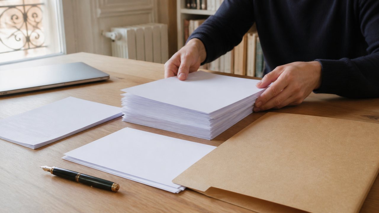 Auteur classant son manuscrit et les pièces du dossier d'envoi