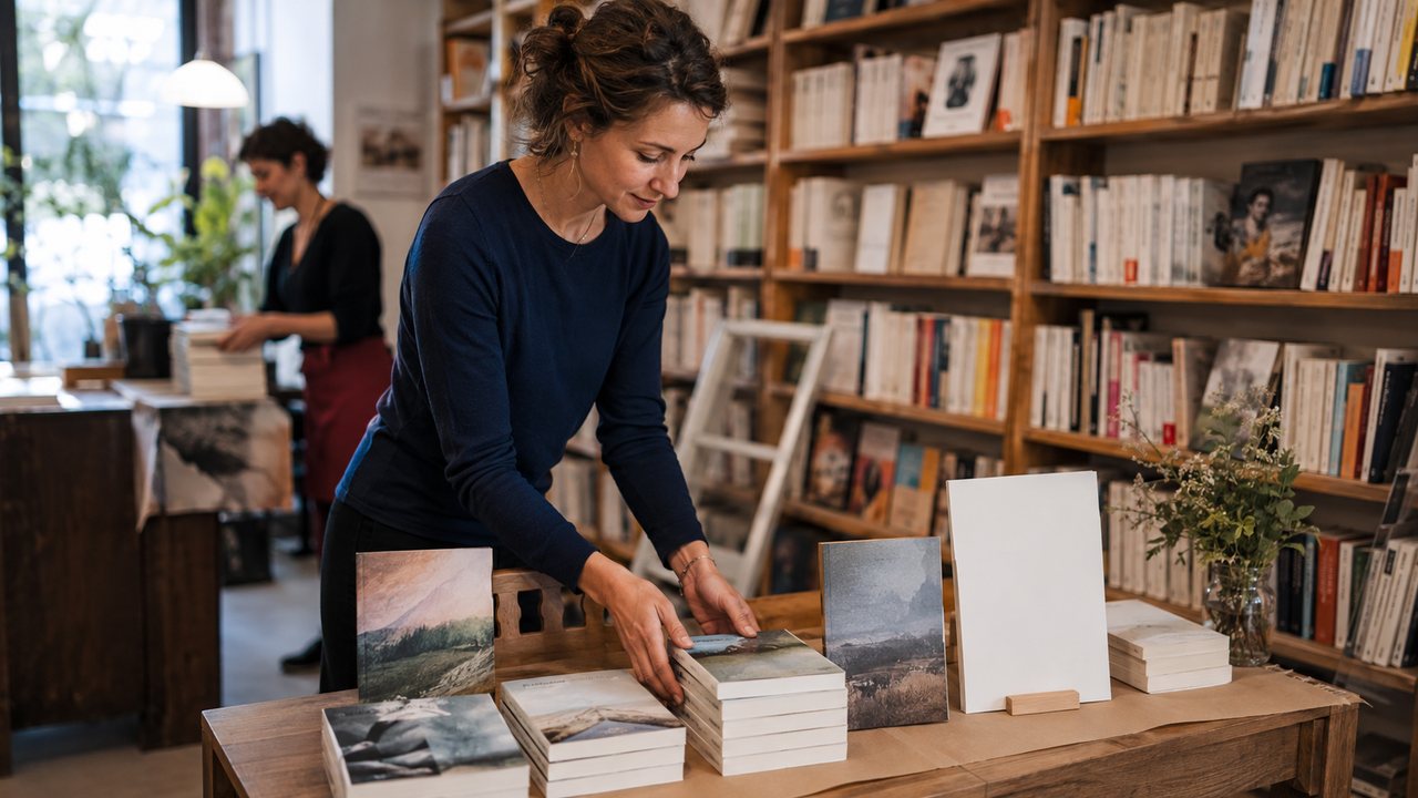 Autrice préparant une table de présentation dans une librairie indépendante