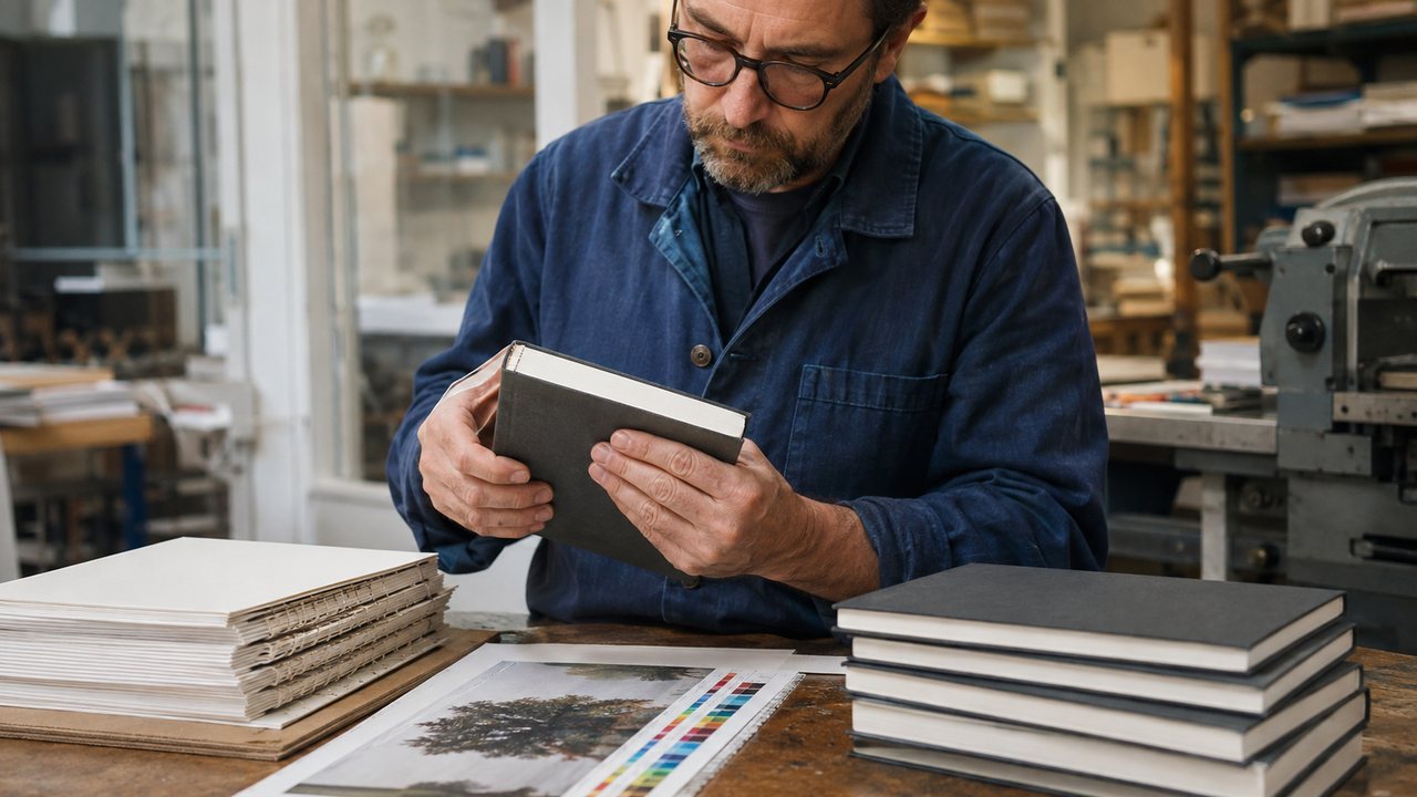 Professionnel contrôlant la reliure et le façonnage de livres imprimés