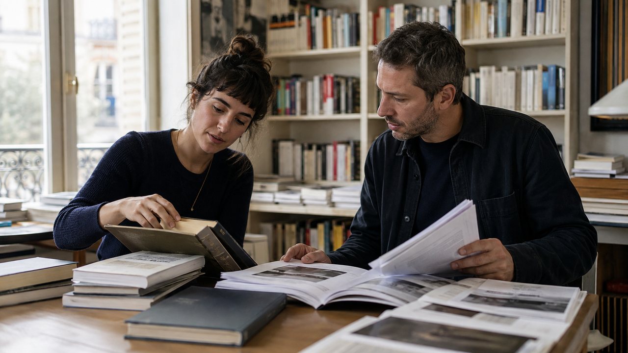 Auteur et éditrice comparant un manuscrit avec plusieurs catalogues de livres