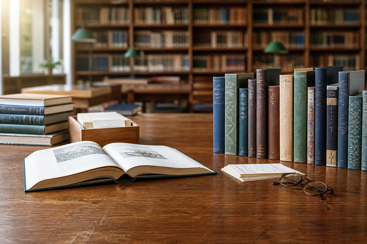Lecteur consultant un catalogue et des ouvrages en bibliothèque