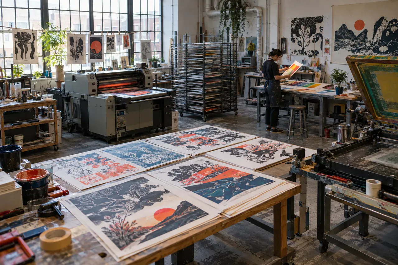 Atelier de gravure avec presse, estampes illustrées et artiste examinant une feuille imprimée