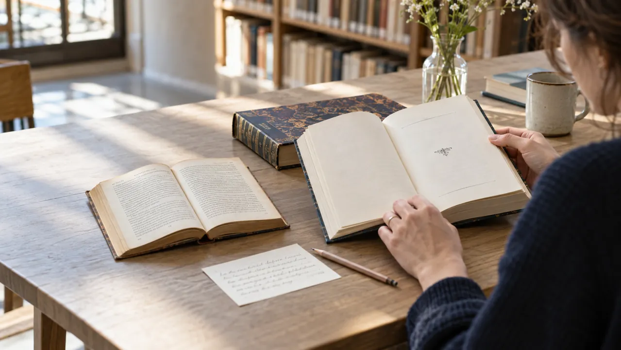 Une lectrice compare plusieurs éditions d’un livre dans une bibliothèque