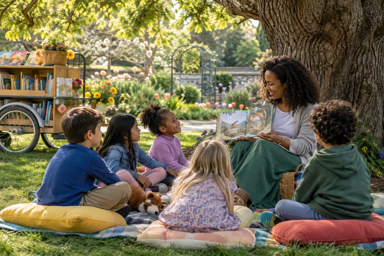 Adulte lisant un album illustré à cinq enfants sous un arbre, près d’un chariot de livres