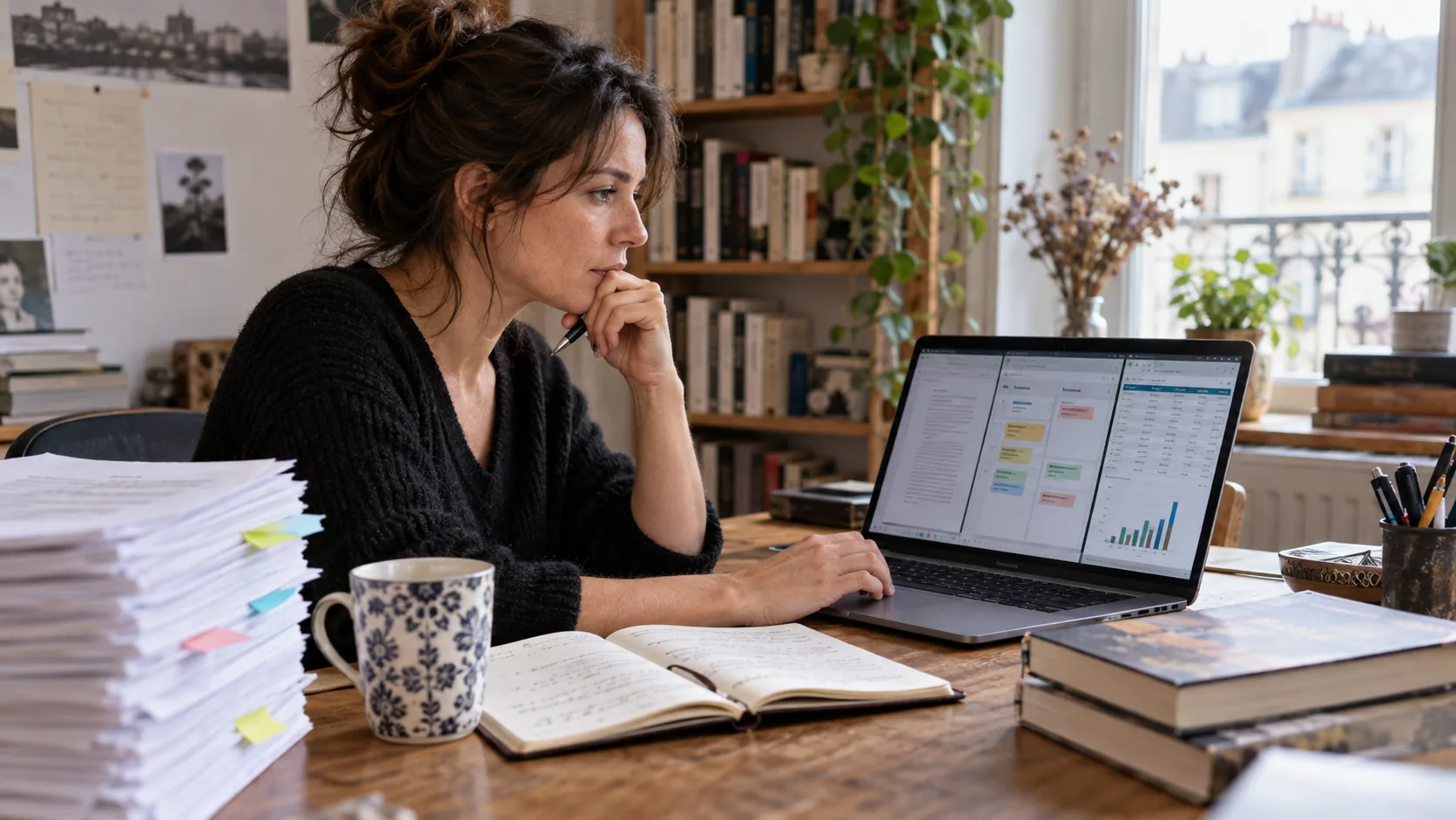 Auteur organisant son manuscrit avec des outils de suivi