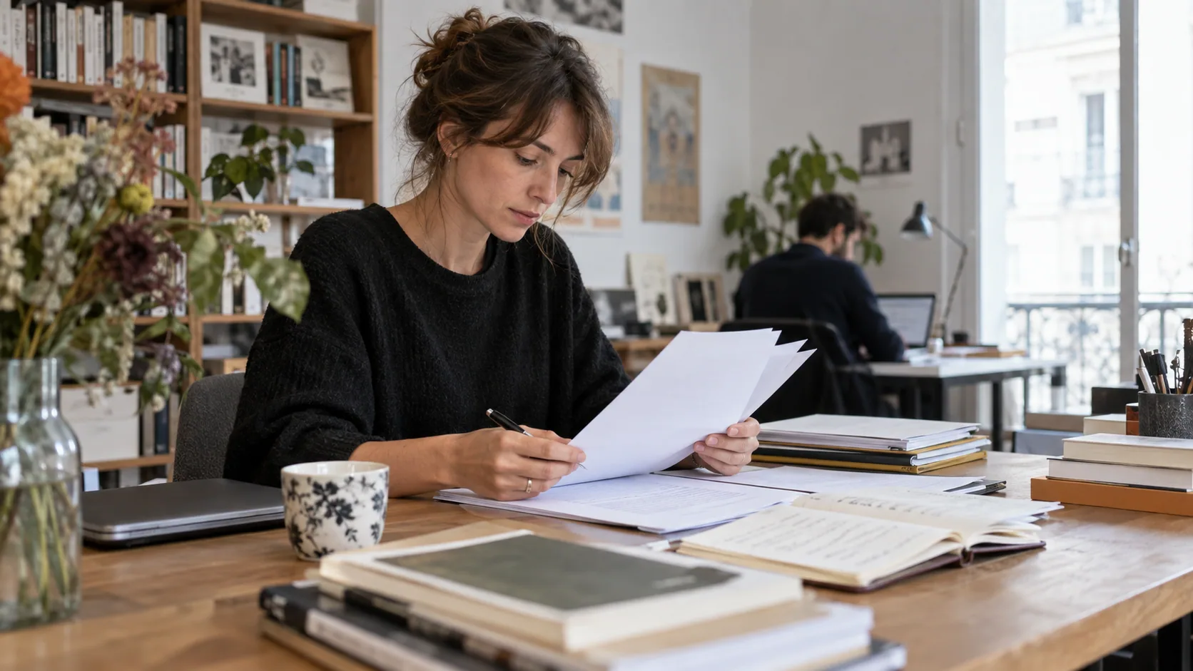 Auteur préparant et corrigeant son manuscrit