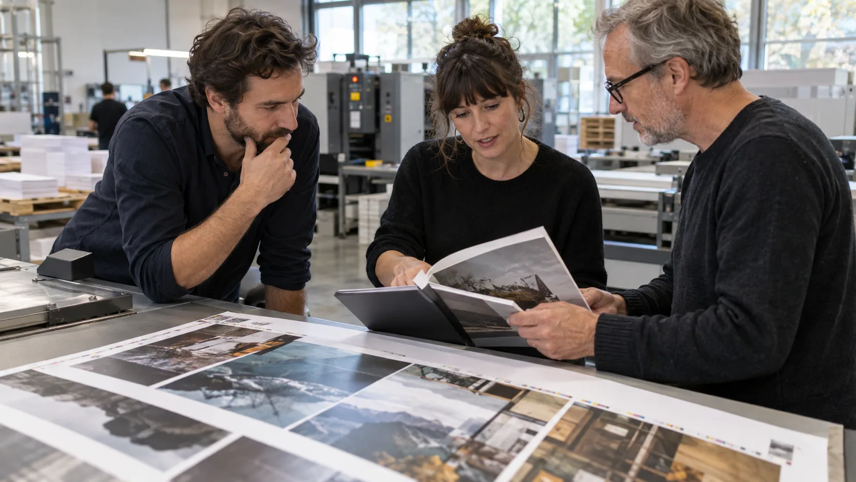 Professionnels du livre réunis autour d’une maquette et d’un tirage