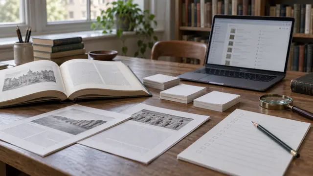 Ouvrages et fiches bibliographiques examinés sur une table de recherche