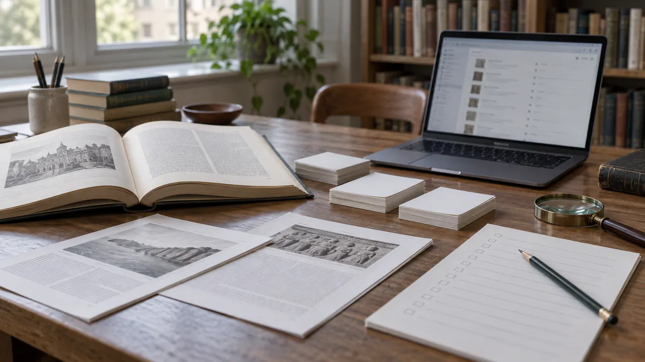 Ouvrages et fiches bibliographiques examinés sur une table de recherche