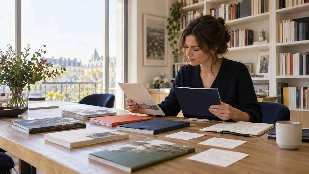 Éditrice comparant plusieurs catalogues pour sélectionner des maisons d’édition compatibles