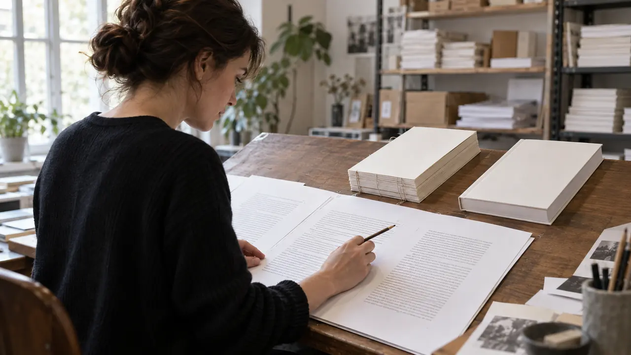 Correctrice comparant des épreuves, un bloc cousu et un livre terminé