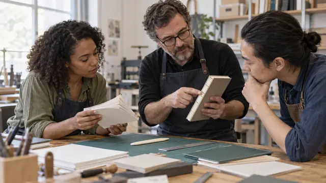 Étudiants apprenant à contrôler la reliure et la fabrication d’un livre