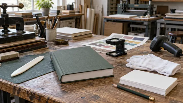 Outils de reliure, de contrôle couleur, de catalogage et de diffusion réunis dans un atelier