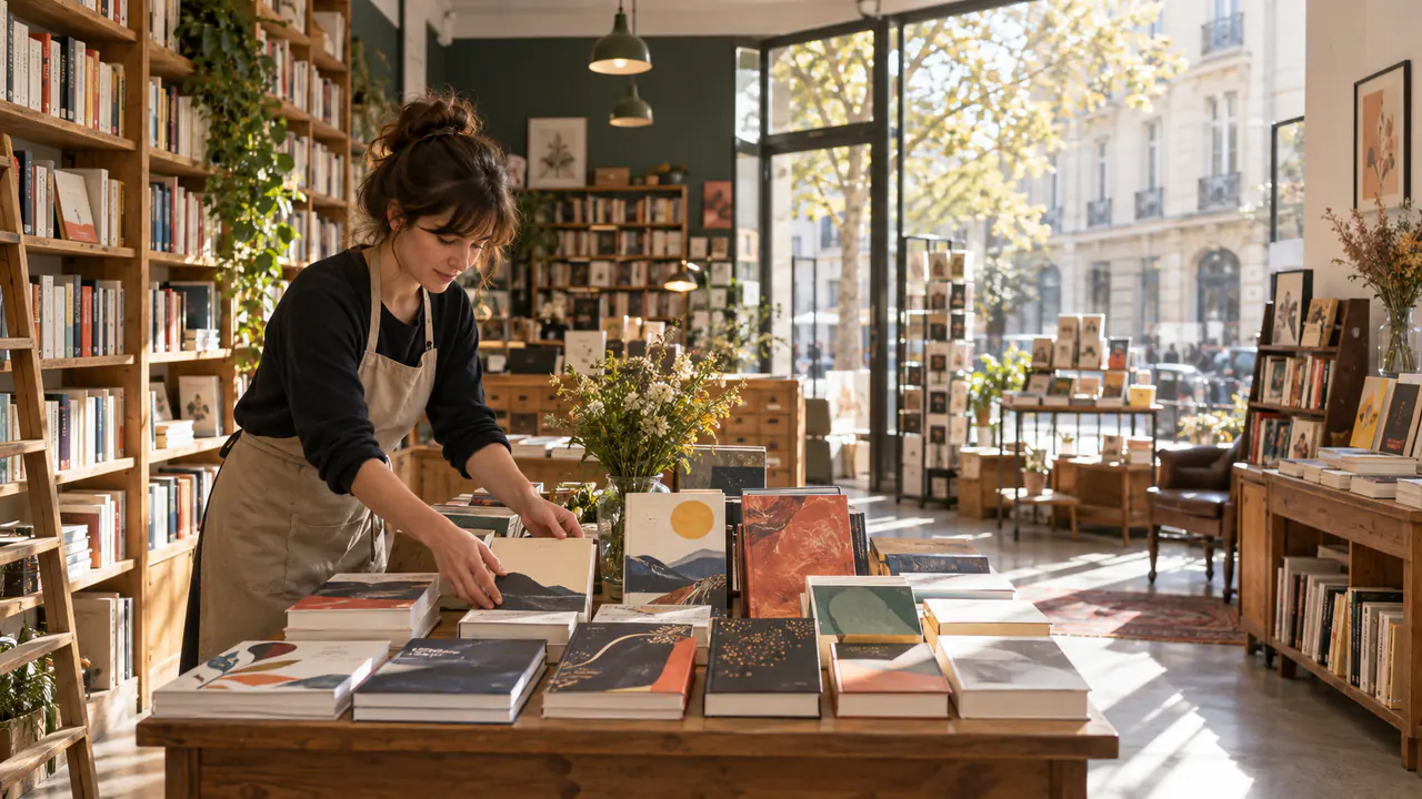 Libraire préparant une table de livres dans une librairie indépendante