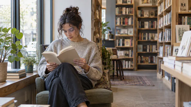 Lectrice parcourant un livre dans l’espace calme d’une librairie indépendante