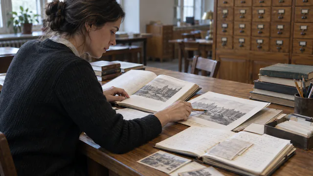 Autrice comparant un livre, une reproduction d’archive et ses notes de vérification dans une salle de recherche