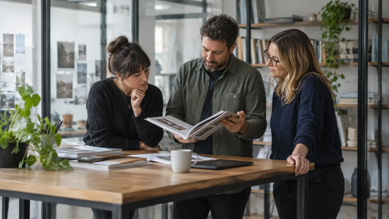Illustration éditoriale : trois personnes examinant un exemplaire de travail