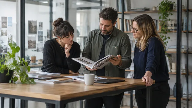 Équipe examinant un exemplaire de travail d’un livre