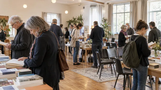 Visiteurs parcourant les tables d’une rencontre littéraire imaginaire